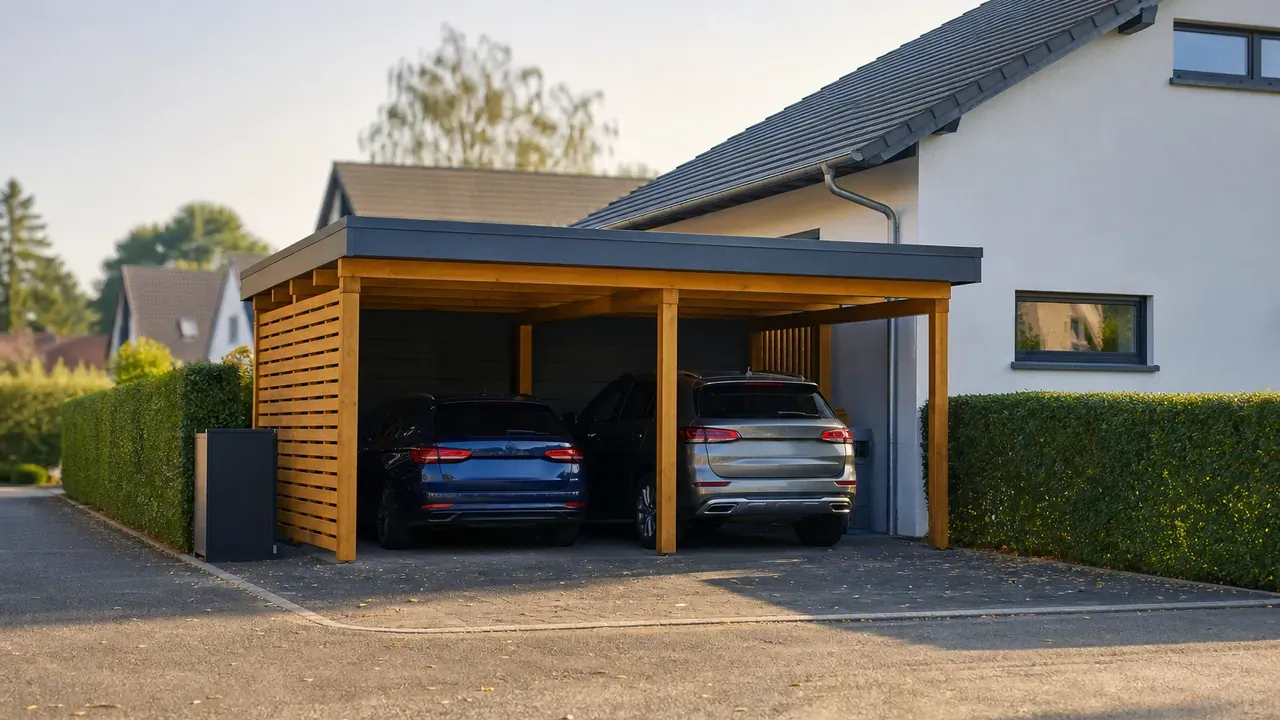 Offener Doppelcarport aus Holz mit Flachdach neben einem Einfamilienhaus, Hecke als Grundstücksgrenze, gepflasterte Zufahrt
