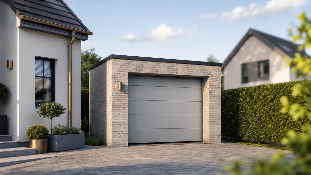 Freistehende gemauerte Einzelgarage mit Flachdach und geschlossenem Sektionaltor neben einem Wohnhaus, gepflasterte Zufahrt und hohe Hecke an der Grundstücksgrenze