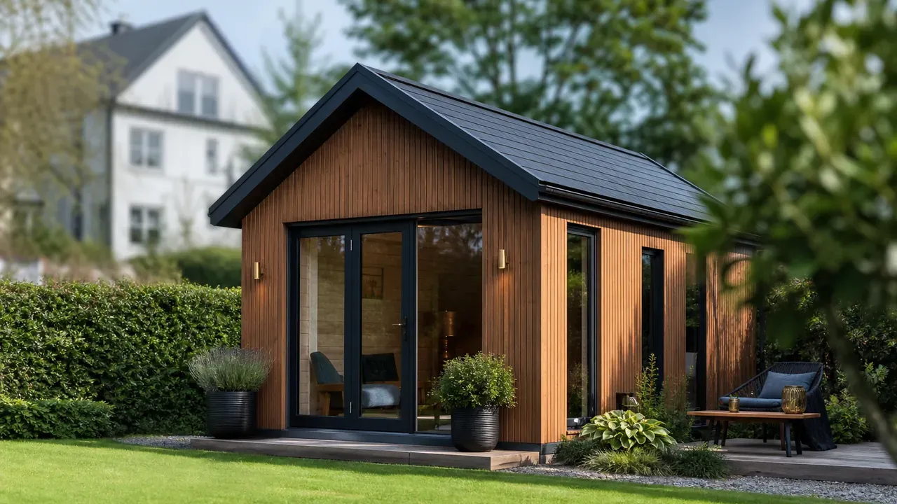Freistehendes Gartenhaus mit Holzfassade, Satteldach und großer Glasfront am Rand einer Rasenfläche, Hecke als Grundstücksgrenze