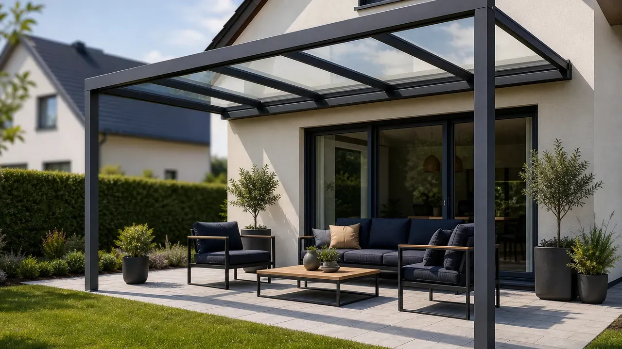 Offene Terrassenüberdachung mit Glasdach und anthrazitfarbenen Aluminiumstützen an der Rückseite eines Einfamilienhauses, darunter eine gepflasterte Terrasse mit Sitzgruppe, Hecke als Grundstücksgrenze, Nachbarhaus im Hintergrund