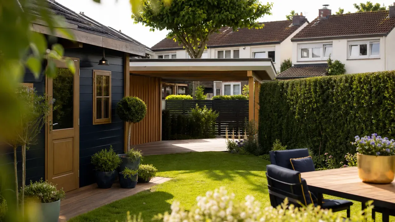 Hausgarten mit dunkel verkleidetem Gartenhaus, offenem Carport und hoher Hecke an der Grundstücksgrenze, Reihenhäuser dahinter.