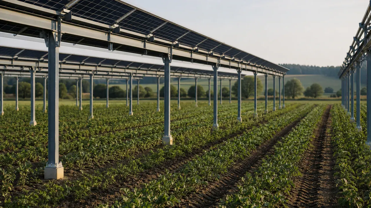 Hoch aufgeständerte Solarmodule über einer landwirtschaftlich genutzten Ackerfläche mit sichtbaren Fahrgassen zwischen den Modulreihen