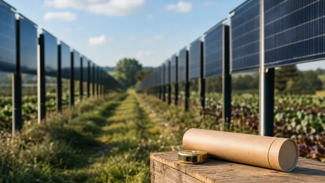 Senkrechte Solarmodulreihen auf einem Acker, davor eine Holzkiste mit Maßband und geschlossener Papierrolle