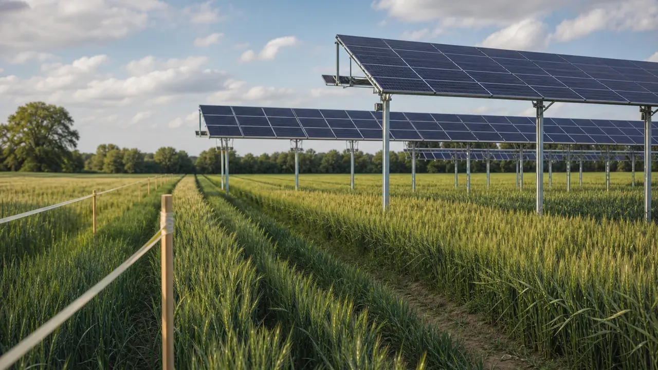 Hoch aufgeständerte Solarmodule über einem Getreidefeld, im Vordergrund ein Pflock mit Absperrband