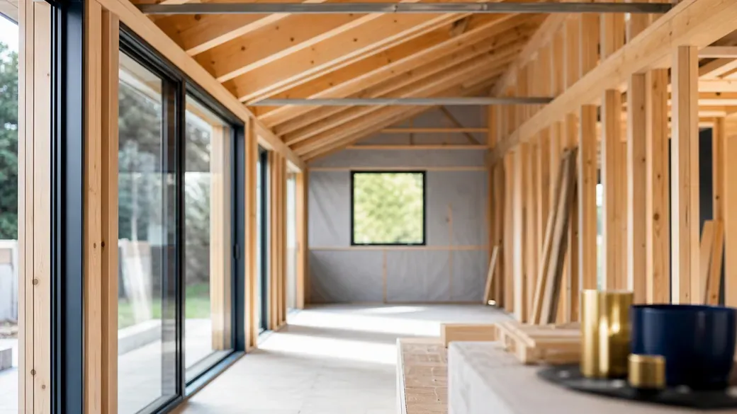 Innenraum eines neu abgezimmerten Anbaus mit offener Holzkonstruktion