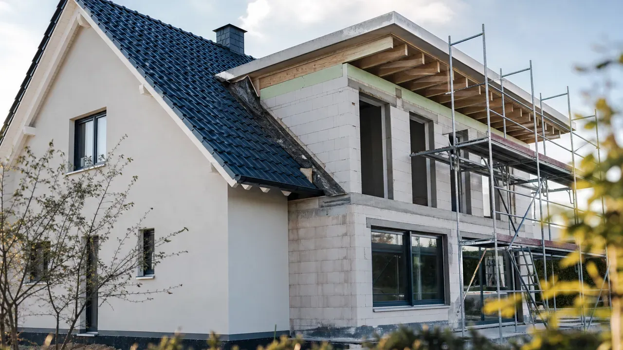 Einfamilienhaus mit Anbau im Rohbau, Gerüst an der Seite, alte und neue Dachlinie treffen aufeinander