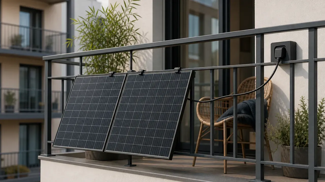 Zwei Solarmodule eines Balkonkraftwerks am Metallgeländer eines Wohnhausbalkons, Kabel zur Außensteckdose