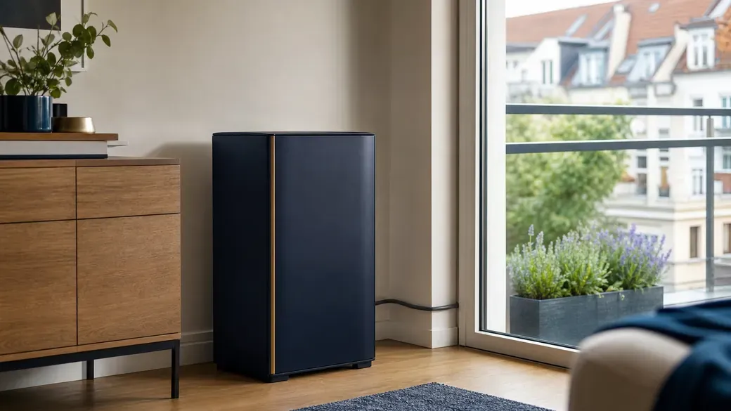 Unbeschrifteter navyfarbener Heimspeicher neben einem Sideboard an einer Balkontür
