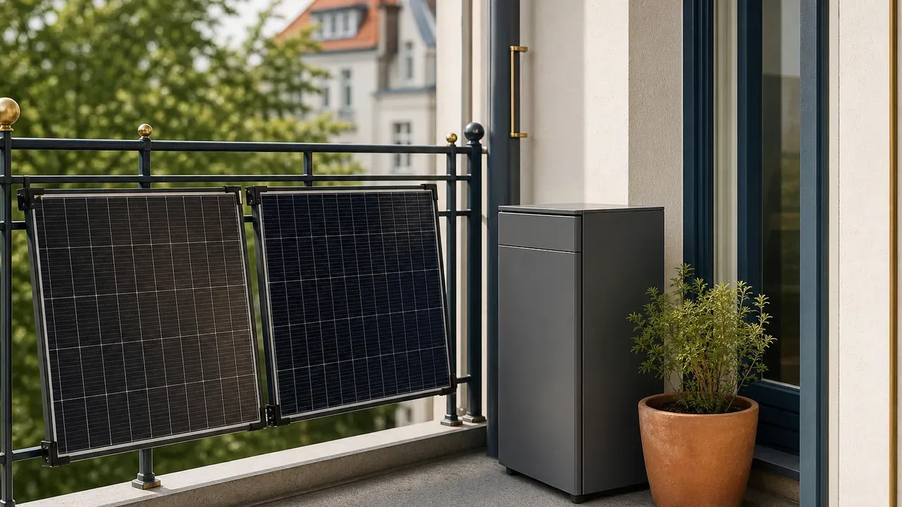 Zwei Solarmodule am Balkongeländer und ein schlichter Batterieschrank auf dem Balkon neben einem Tontopf