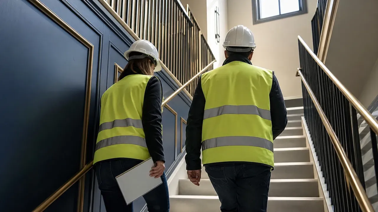 Zwei Personen mit Helm und Warnweste begehen ein fertiges Treppenhaus, eine hält ein Klemmbrett