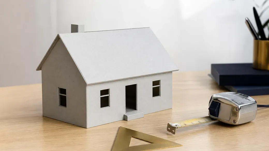 Kartonmodell eines Einfamilienhauses mit Satteldach neben Bandmaß und Geodreieck auf einem Holztisch