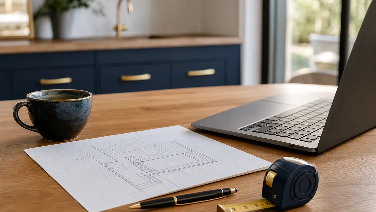 Küchentisch mit Laptop, Skizze auf Millimeterpapier, Maßband und Kaffeetasse