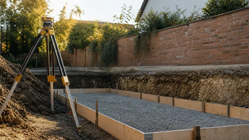 Vermessungsstativ neben einer flachen Baugrube mit Kiesbett und Holzschalung