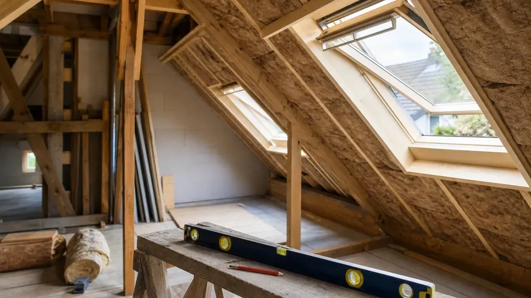 Dachboden im Ausbau mit Dämmung zwischen Sparren, Dachfenster und Wasserwaage auf einer Sägebock-Arbeitsfläche
