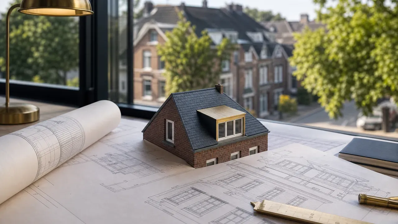 Architekturarbeitsplatz mit Hausmodell und Dachgaube auf Bauzeichnungen vor einem Wohnstraßenfenster in Nordrhein-Westfalen