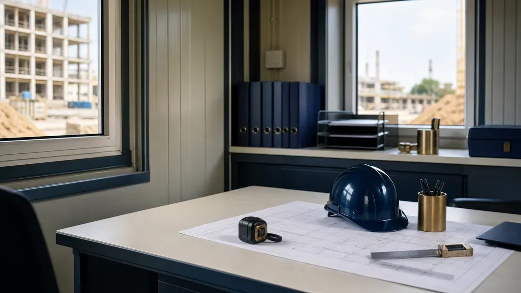 Baubüro im Container mit Bauplänen, Helm und Messwerkzeug auf dem Tisch