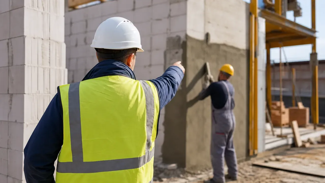 Bauleiter mit Helm und Warnweste zeigt auf eine Wand, dahinter Maurer bei der Arbeit