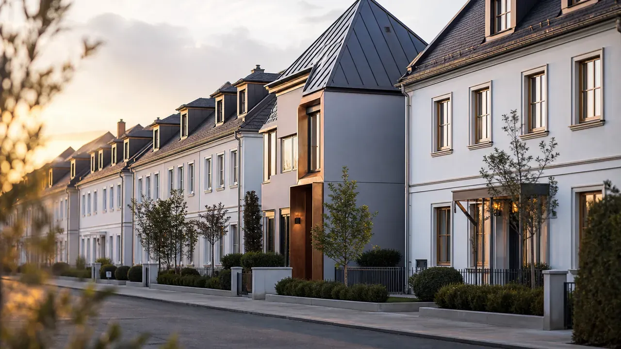 Straßenzug mit gleichförmigen Häusern, ein Grundstück weicht in Höhe und Dachform sichtbar ab