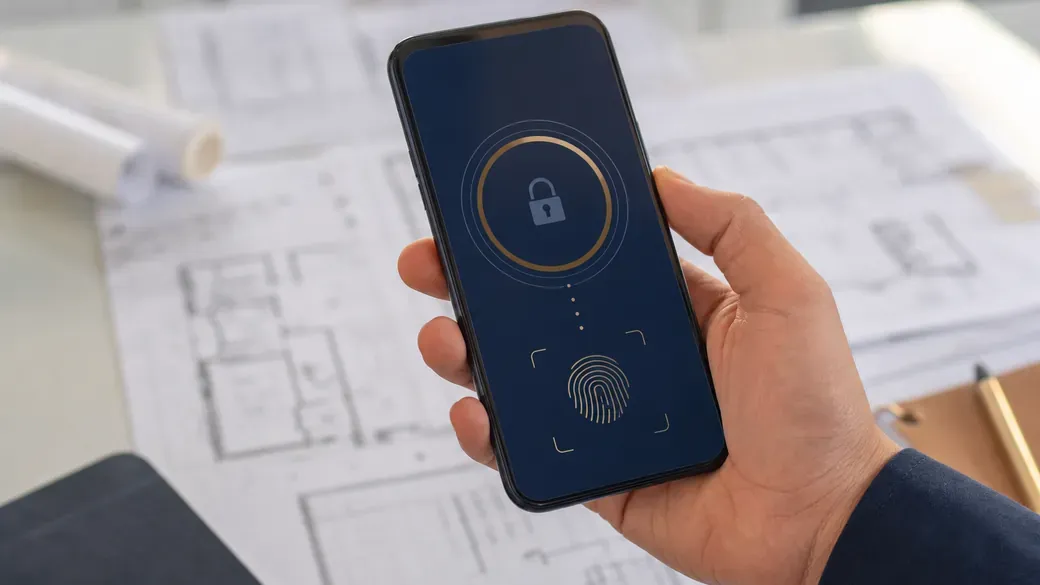 Hand hält ein Smartphone mit abstraktem Anmeldebildschirm, Bauzeichnungen unscharf im Hintergrund