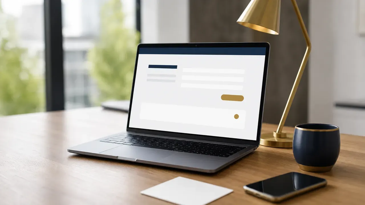 Laptop mit abstrakter Formularoberfläche, daneben eine neutrale weiße Karte und ein Smartphone