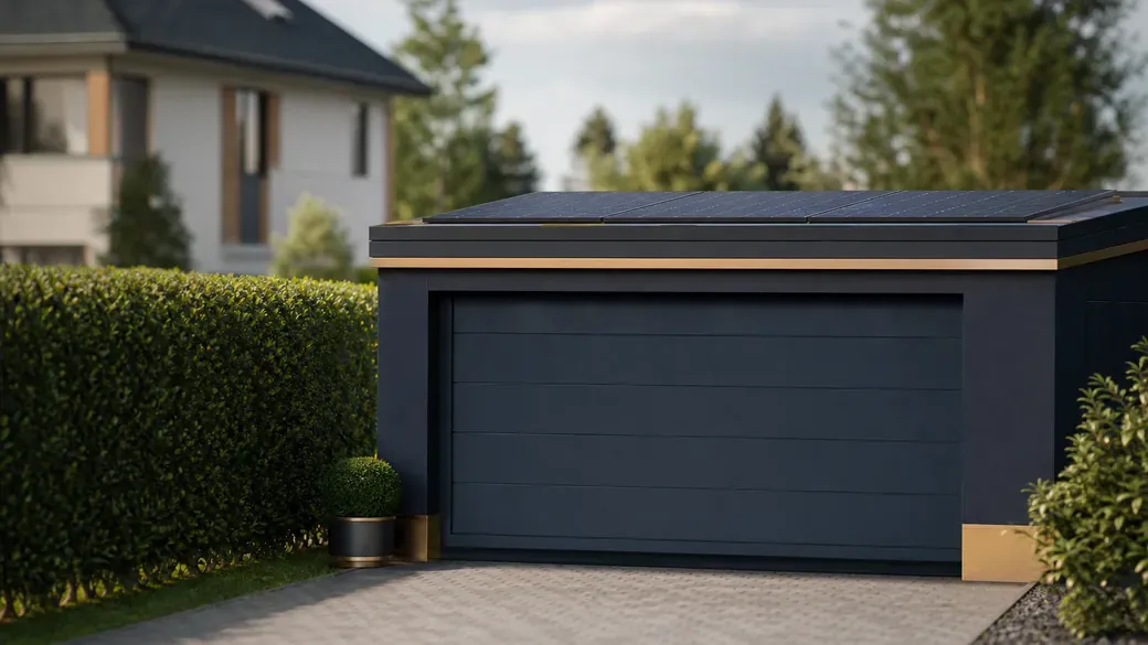 Flach aufliegende Photovoltaikmodule auf dem Dach einer Garage an der Grundstücksgrenze, Hecke zum Nachbargrundstück
