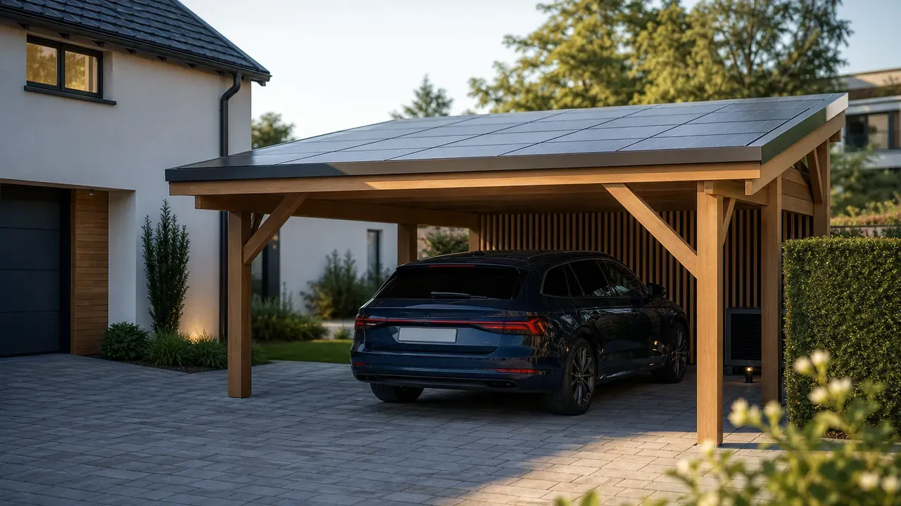 Offener Holzcarport mit Photovoltaikmodulen auf dem Flachdach neben einem Einfamilienhaus, gepflasterte Einfahrt im Vordergrund