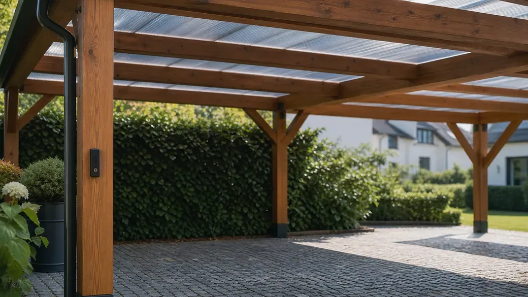 Holzcarport mit Pfosten, Streben und lichtdurchlässigem Dach über gepflastertem Stellplatz