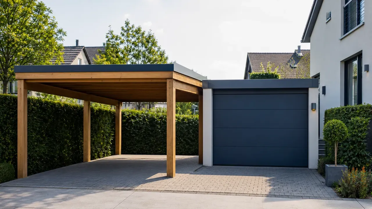 Offener Holzcarport und geschlossene Garage mit Flachdach nebeneinander an einer gepflasterten Einfahrt