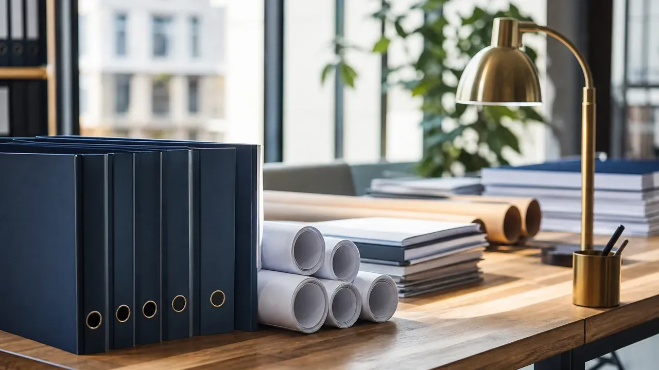 Dunkelblaue Aktenordner, gerollte Bauzeichnungen und sortierte Papierstapel auf einem Holztisch