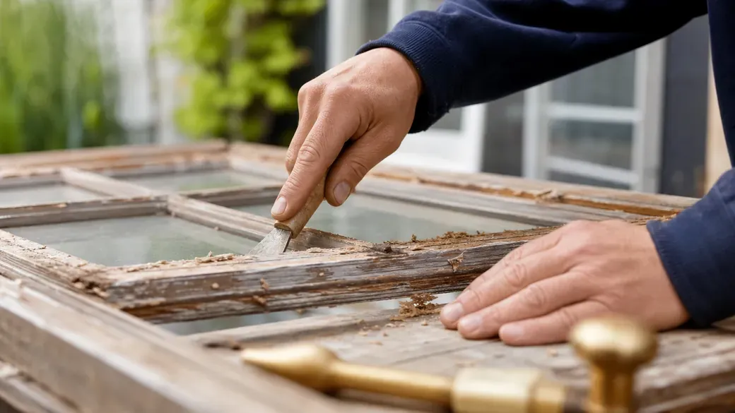 Handwerkerhände beim Aufarbeiten eines alten Holzfensters