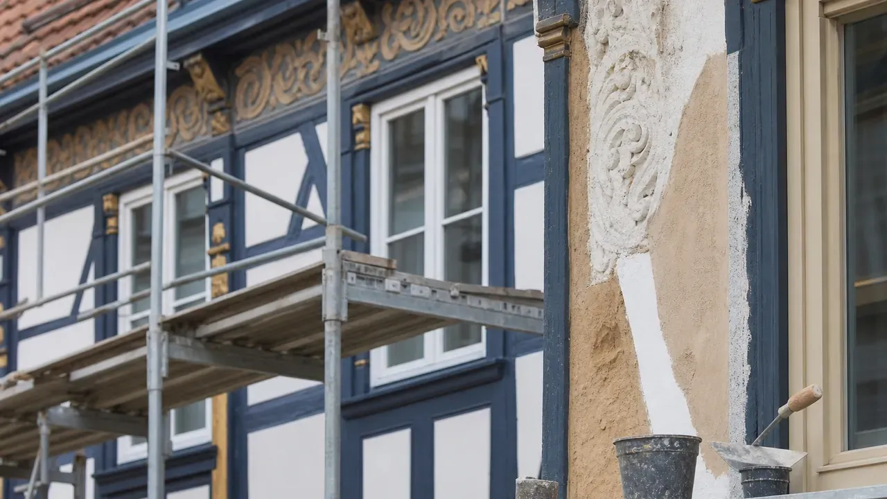 Restaurierungsarbeiten an einer historischen Fachwerkfassade mit Gerüst, Mörtelkübel und Kelle