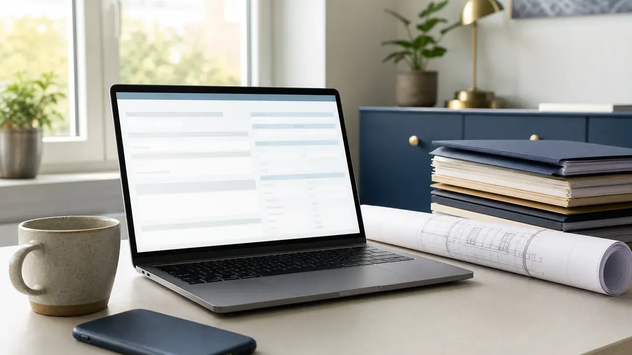 Schreibtisch mit Laptop, gerollter Bauzeichnung und Dokumentenmappen zur Vorbereitung eines digitalen Bauantrags