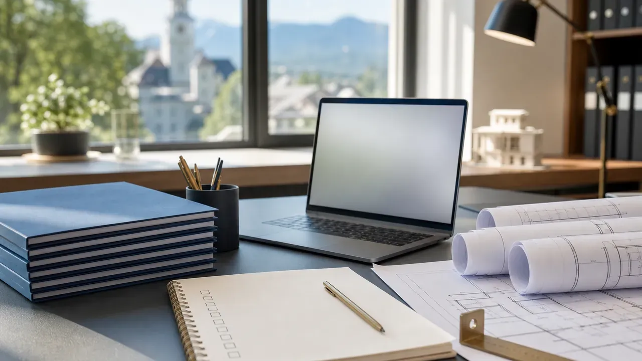 Schreibtisch mit Laptop, gerollten Bauzeichnungen und Dokumentenmappen zur Vorbereitung eines digitalen Bauantrags in Bayern