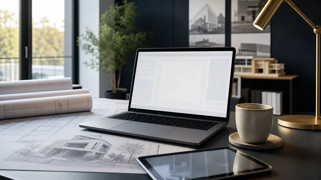 Schreibtisch mit Laptop, Bauzeichnungen und Tablet zur Vorbereitung eines digitalen Bauantrags in Nordrhein-Westfalen