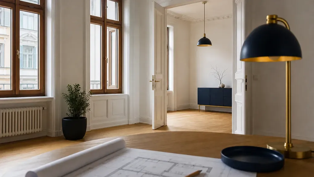Ausgebreiteter Grundriss und Bleistift auf einem Holztisch in einer hellen Altbauwohnung