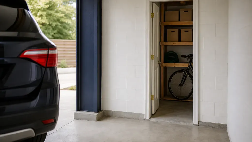 Blick aus der Garage auf eine abgetrennte Kammer mit Regalen, Kartons, Gartenschlauch und Fahrrad