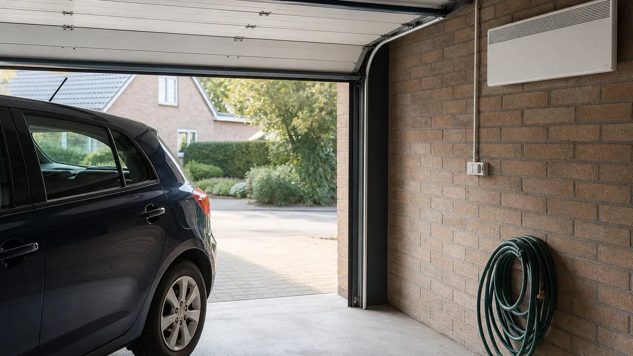 Einzelgarage mit halb geöffnetem Tor, geparktem Pkw und elektrischem Wandheizkörper an der Ziegelwand