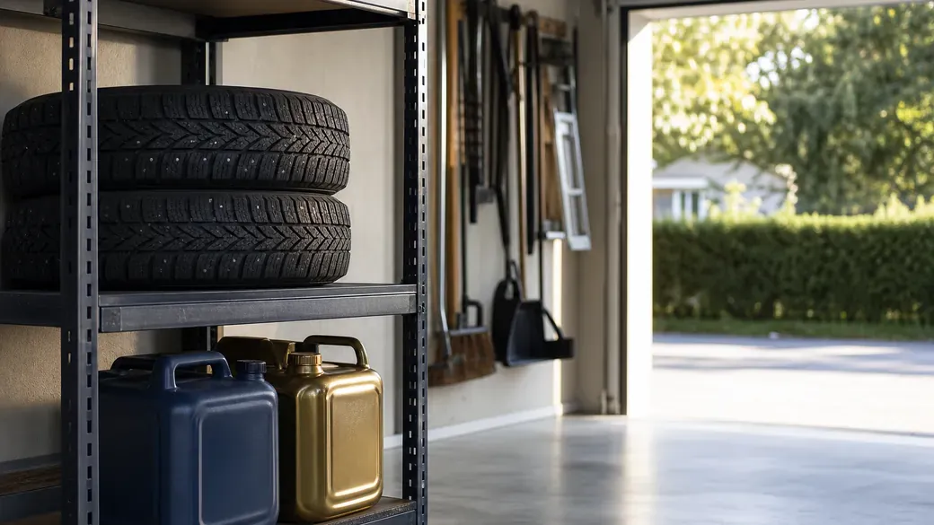 Regal mit Autoreifen und Kanistern neben freigelassenem Pkw-Stellplatz in einer Garage
