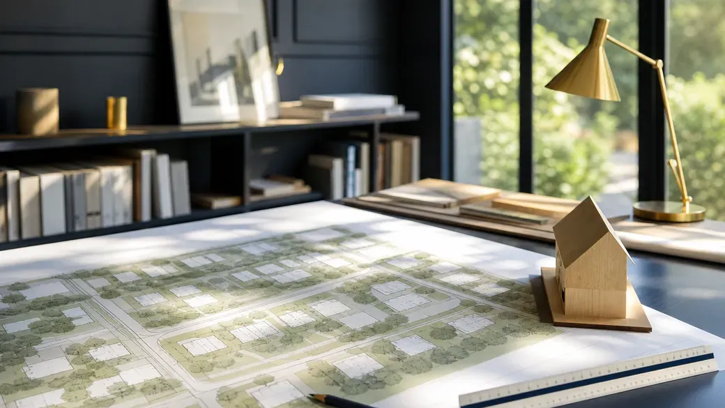 Schreibtisch mit Lageplan eines Wohngebiets, Lineal, Bleistift und kleinem Holzmodell eines Hauses am Fenster