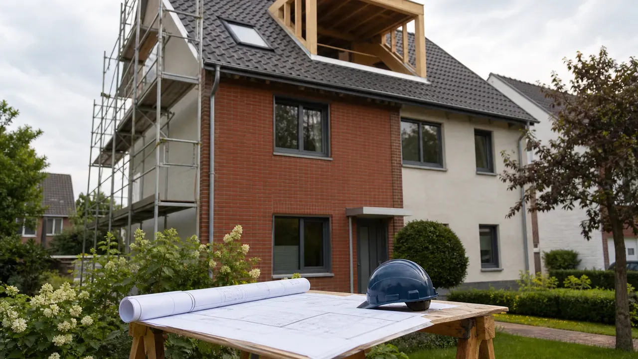 Wohnhaus in NRW mit eingerüsteter Dachgaube im Bau, davor Bauzeichnungen auf einer Holzpritsche