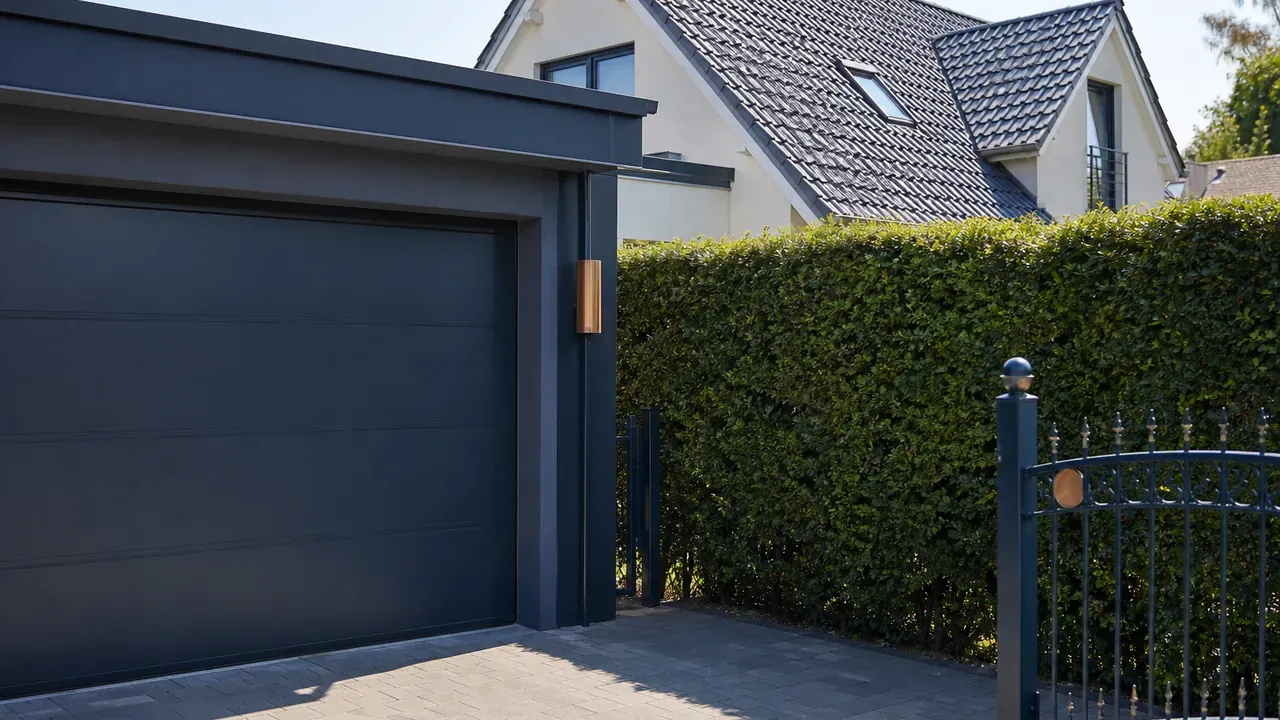 Garage direkt an der Grundstücksgrenze neben einer Hecke, Nachbarhaus dahinter