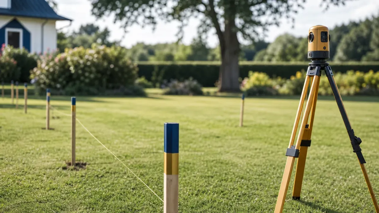 Großes Gartengrundstück mit Vermessungsstativ und Markierungspflöcken