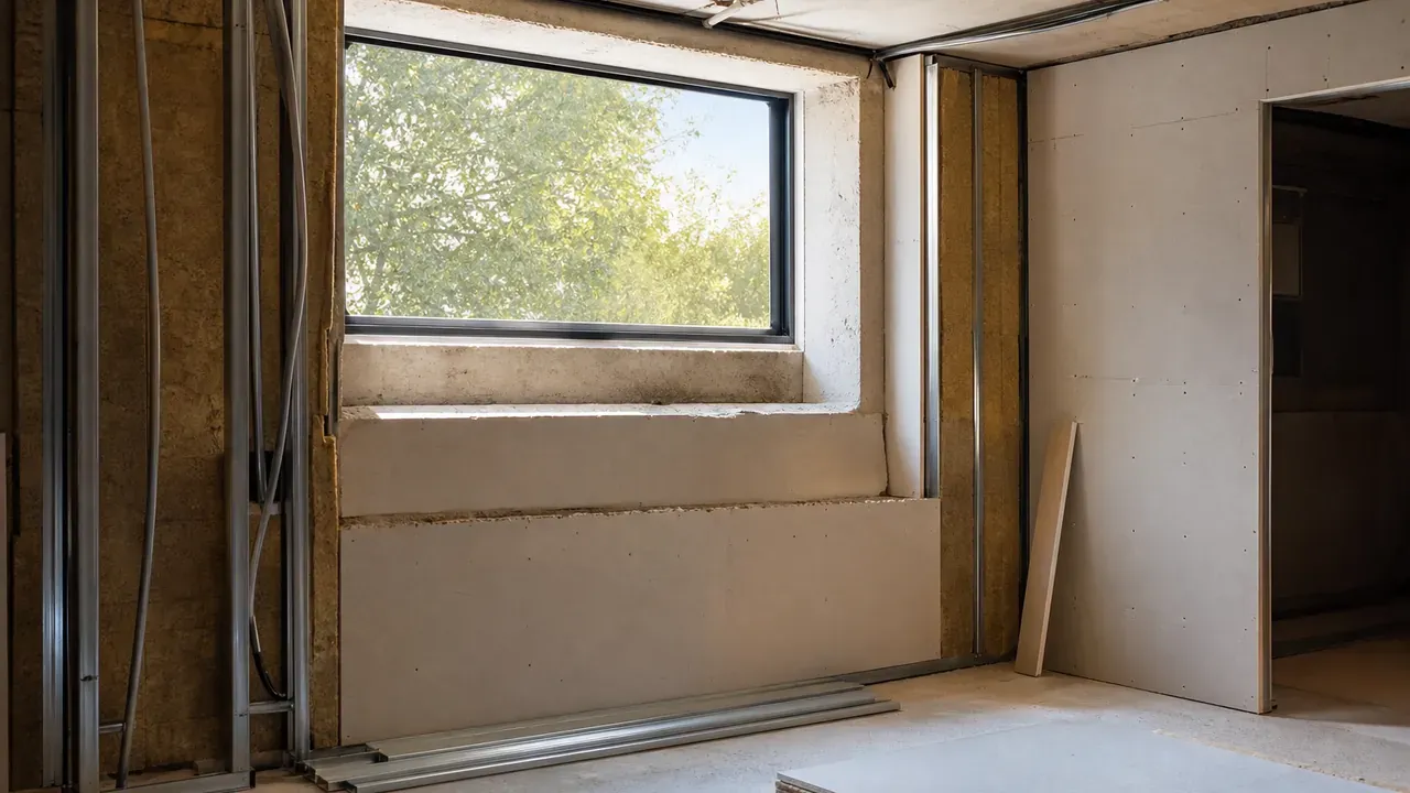 Kellerraum im Ausbau mit neu vergrößerter Fensteröffnung und einfallendem Tageslicht