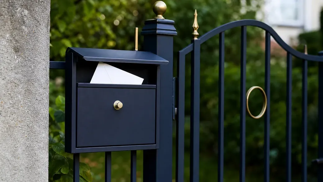Briefkasten mit einem schlichten Umschlag an einem Gartentor