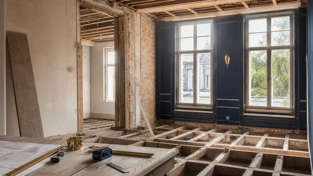 Geöffnete Rohdecke und freigelegte Tragkonstruktion in einem Bestandsgebäude während des Umbaus