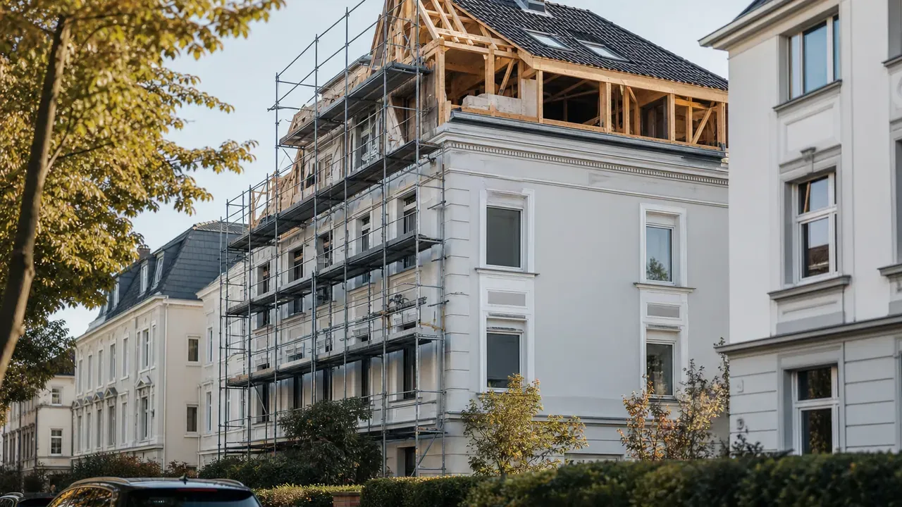 Bestandshaus mit eingerüsteter Fassade und geöffnetem Dachgeschoss in einer nordrhein-westfälischen Wohnstraße