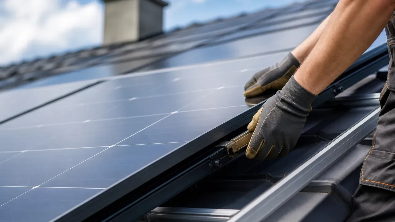 Monteur mit Arbeitshandschuhen setzt ein Photovoltaikmodul in die Dachschiene eines Ziegeldachs ein