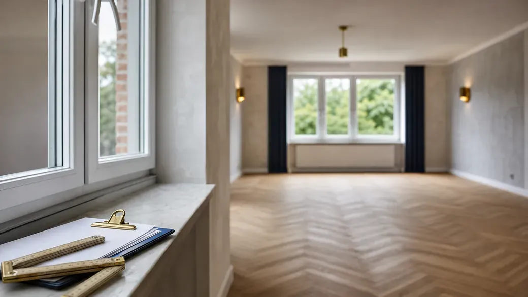 Klemmbrett und Maßband auf einer Fensterbank in einem fast fertigen, noch unmöblierten Wohnraum