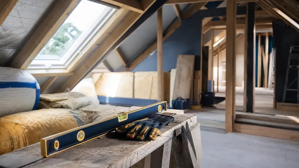 Dachgeschoss im Ausbau mit freiliegenden Sparren, Dämmrollen und Wasserwaage auf einer Arbeitsplatte