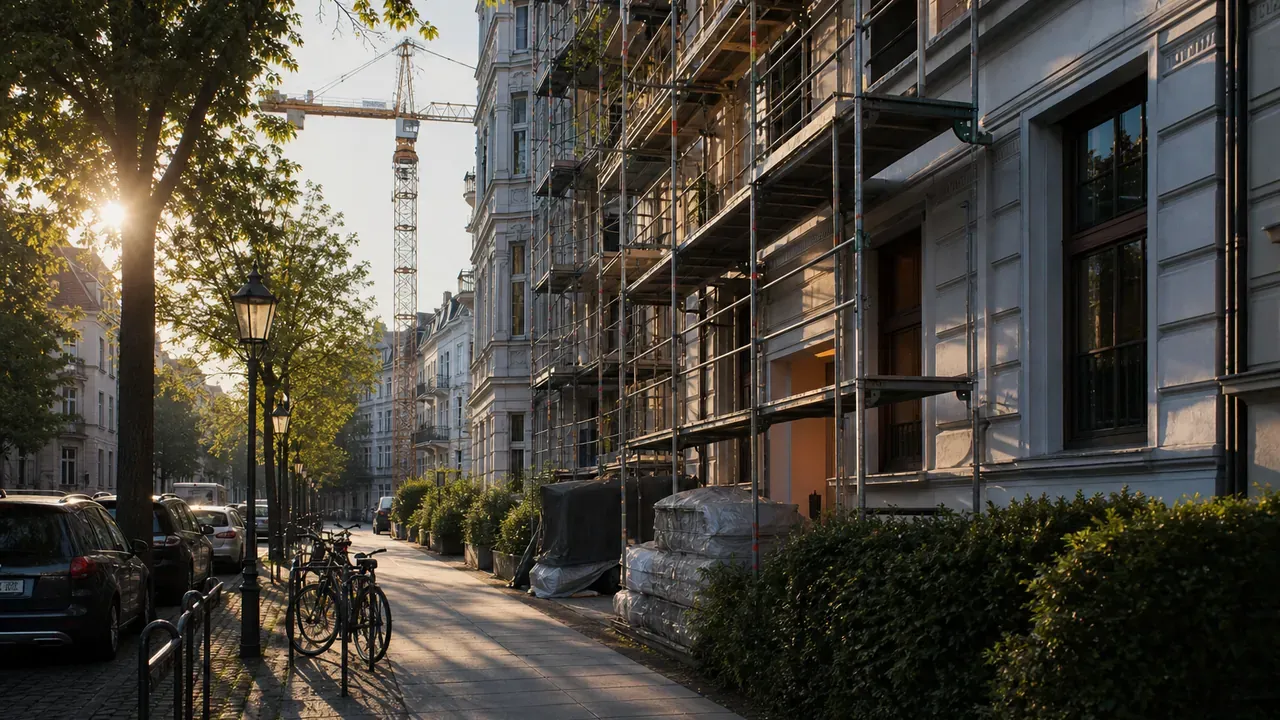 Berliner Wohnstraße mit Baugerüst und Kran an einem Mehrfamilienhaus im hellen Tageslicht